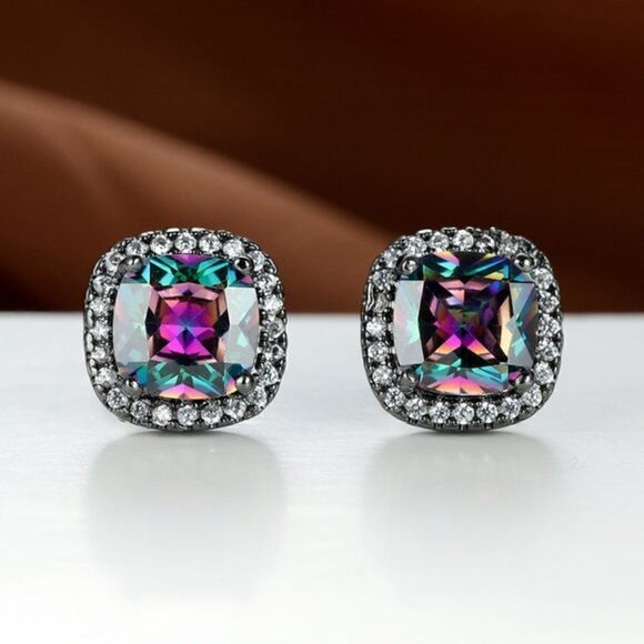 MULTICOLORED TOPAZ DIAMOND WHITE GOLD STUD EARRINGS - Picture 4 of 5